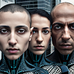 **"Homo Deus" by Yuval Noah Harari:** Futuristic cityscape with algorithmic patterns overlaying human faces, symbolizing technology's influence on identity.