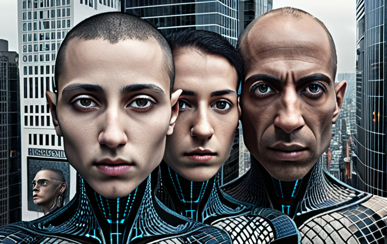 **"Homo Deus" by Yuval Noah Harari:** Futuristic cityscape with algorithmic patterns overlaying human faces, symbolizing technology's influence on identity.