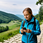 A female traveler, fully clothed in modest hiking attire, holding a smartphone and looking at a digital map application. She is standing on a winding path in a picturesque Bieszczady mountain landscape, with a rustic, traditional agritourism guesthouse nestled among trees in the background. The scene conveys a sense of peaceful discovery and connection to local culture. Professional photography, high quality, realistic, safe for work, appropriate content, fully clothed, family-friendly, perfect anatomy, correct proportions, natural pose, well-formed hands, proper finger count, natural body proportions.