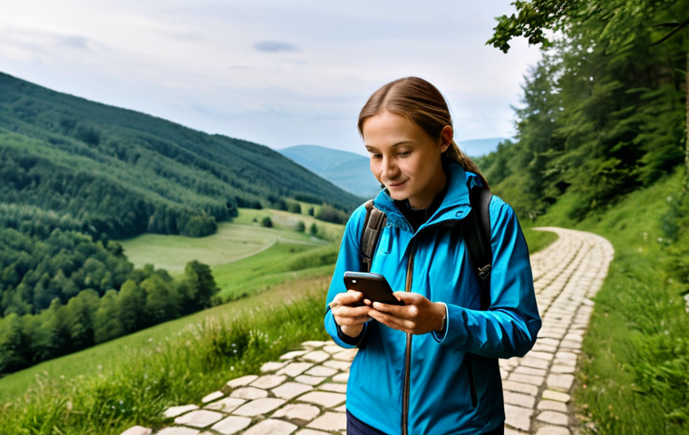 A female traveler, fully clothed in modest hiking attire, holding a smartphone and looking at a digital map application. She is standing on a winding path in a picturesque Bieszczady mountain landscape, with a rustic, traditional agritourism guesthouse nestled among trees in the background. The scene conveys a sense of peaceful discovery and connection to local culture. Professional photography, high quality, realistic, safe for work, appropriate content, fully clothed, family-friendly, perfect anatomy, correct proportions, natural pose, well-formed hands, proper finger count, natural body proportions.