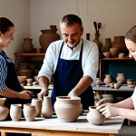 Pottery Workshop**

"A professional potter, fully clothed in modest work attire, demonstrating pottery techniques to a group of adult students in a bright, airy workshop filled with clay tools and finished ceramics. Bolesławiec pottery visible in the background. Safe for work, appropriate content, family-friendly, perfect anatomy, correct proportions, natural pose, well-formed hands, proper finger count, professional photography, high quality."

**